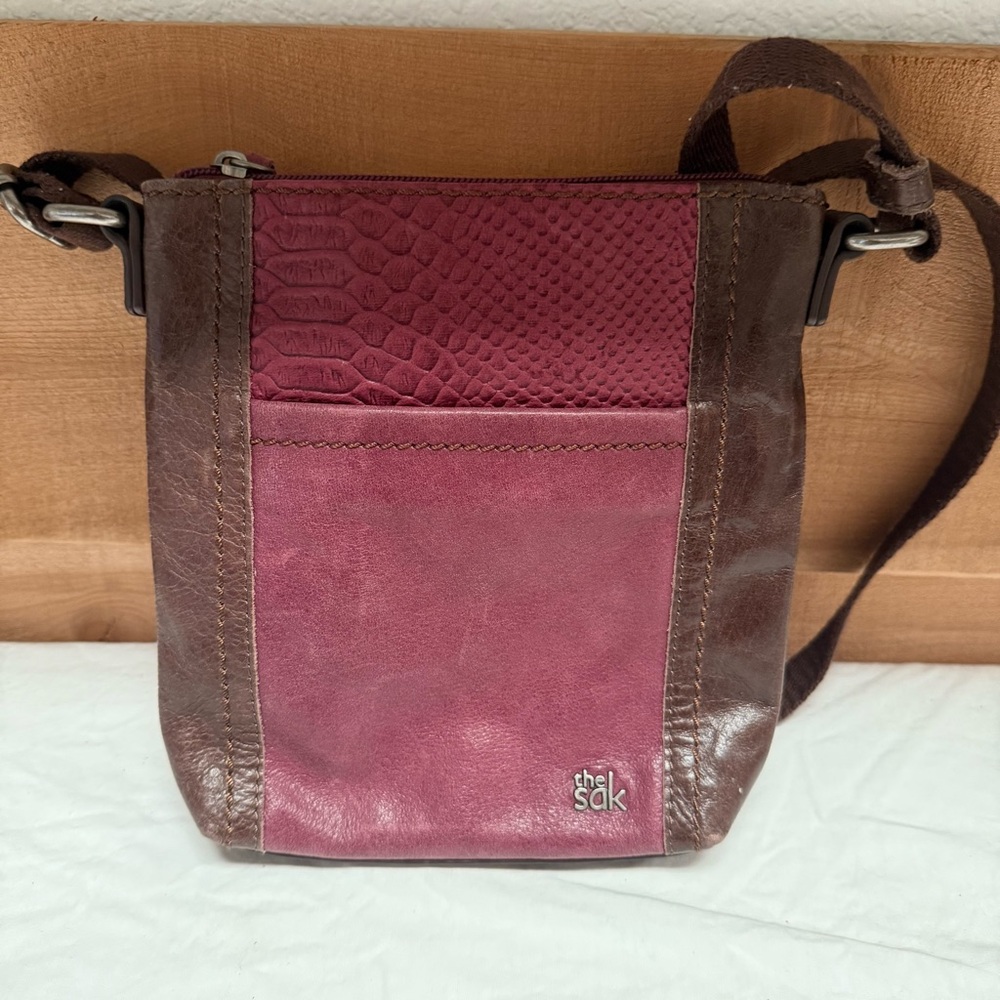 The Sak Burgundy and Brown Leather Messenger Bag